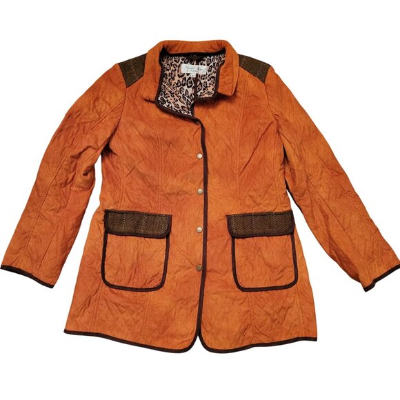 Tasha Polizzi Orange Quilted Coat L Leopard Print Lining Brown Tweed Trim Patche - Picture 1 of 10